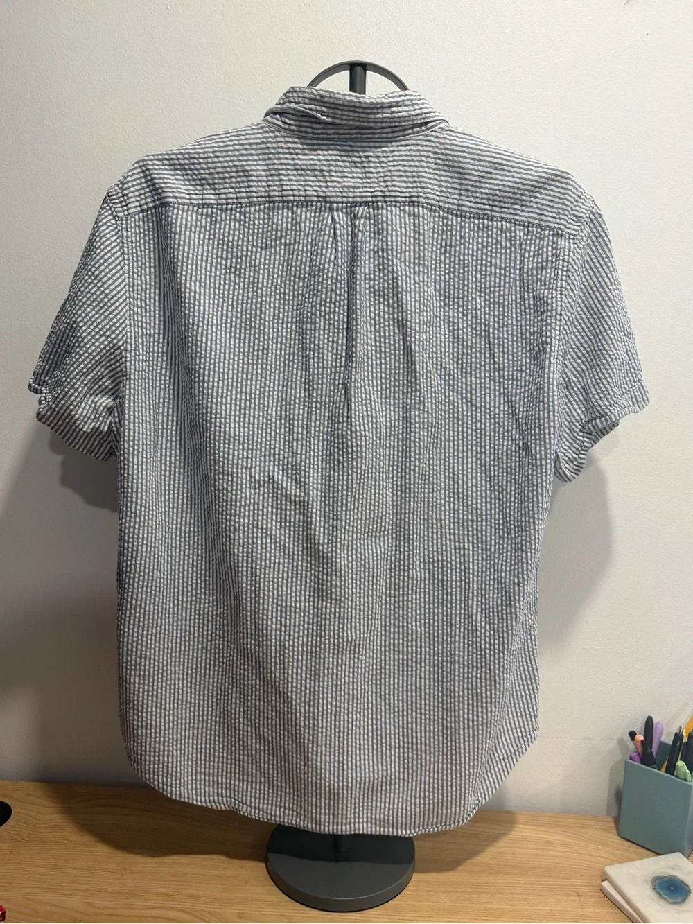 J. Crew Blue and White Striped Seersucker Short-Sleeve Button-Down